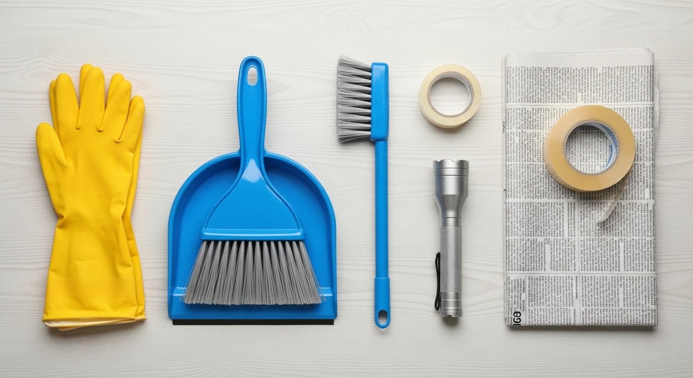 găng tay bảo hộ, chổi, ki hốt rác, băng dính, giấy báo và đèn pin được sắp xếp trên nền sáng.