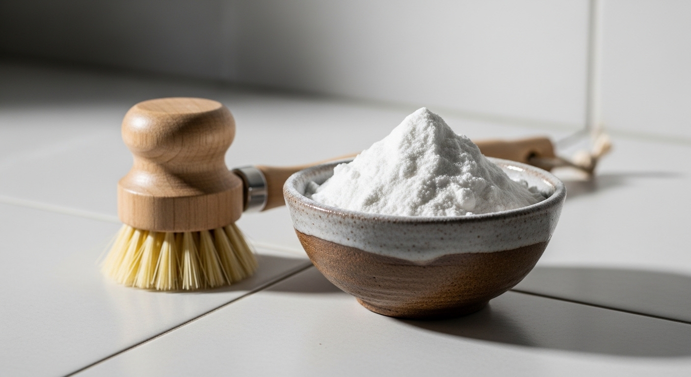 Bát sứ nhỏ chứa hỗn hợp baking soda sệt và bàn chải cán gỗ đặt trên gạch nhà vệ sinh sáng màu, minh họa cách tẩy trắng gạch nhà vệ sinh hiệu quả bằng nguyên liệu tự nhiên.