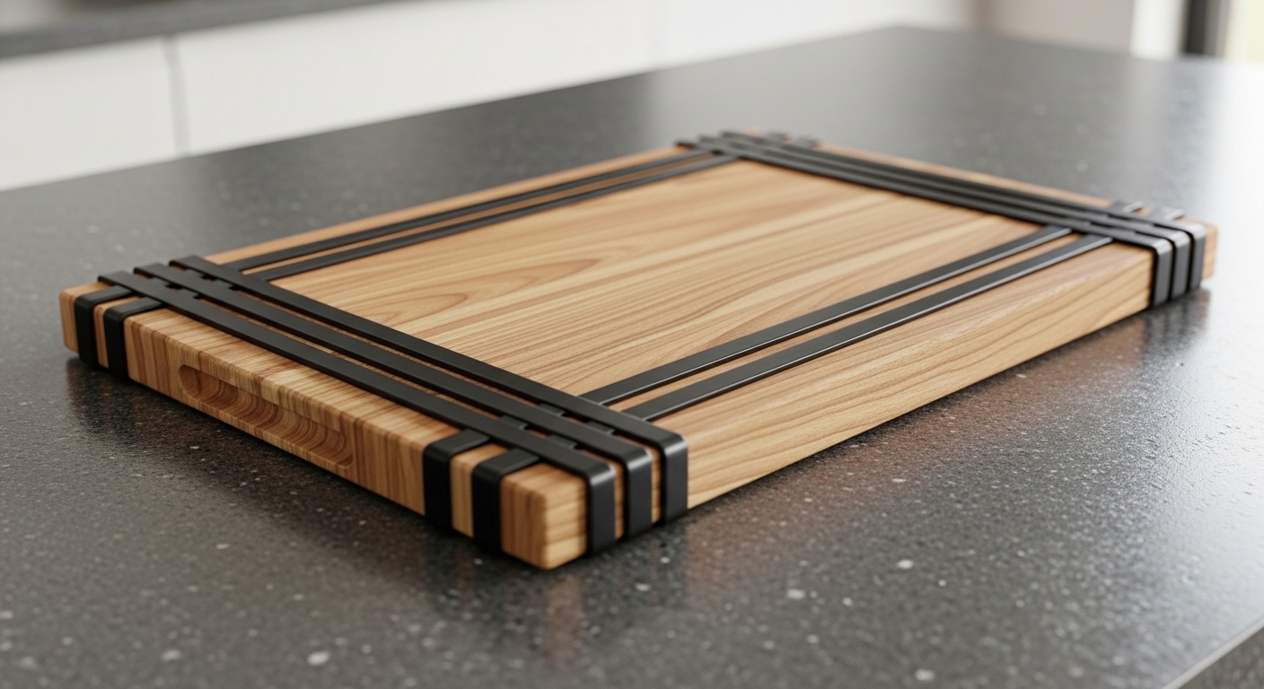 Thớt gỗ hình chữ nhật với dây chun rộng quấn quanh trên bàn đá granite, gợi ý mẹo sử dụng dây nịt chun hiệu quả.