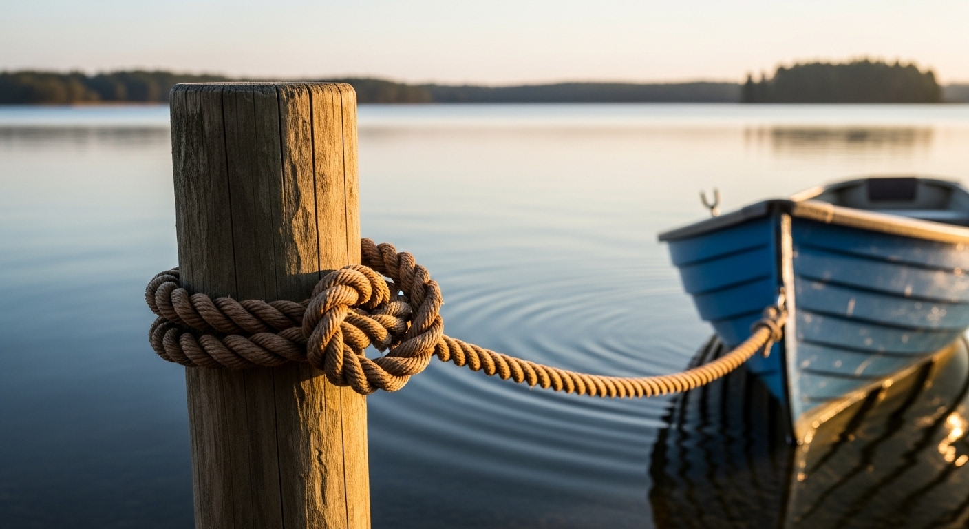 Dây thừng nâu thắt nút thuyền chài (Bowline) chắc chắn quanh cột gỗ neo ở bờ hồ yên ả, minh họa cách thắt nút dây bền. Thuyền chèo nhỏ màu xanh đậu gần đó.