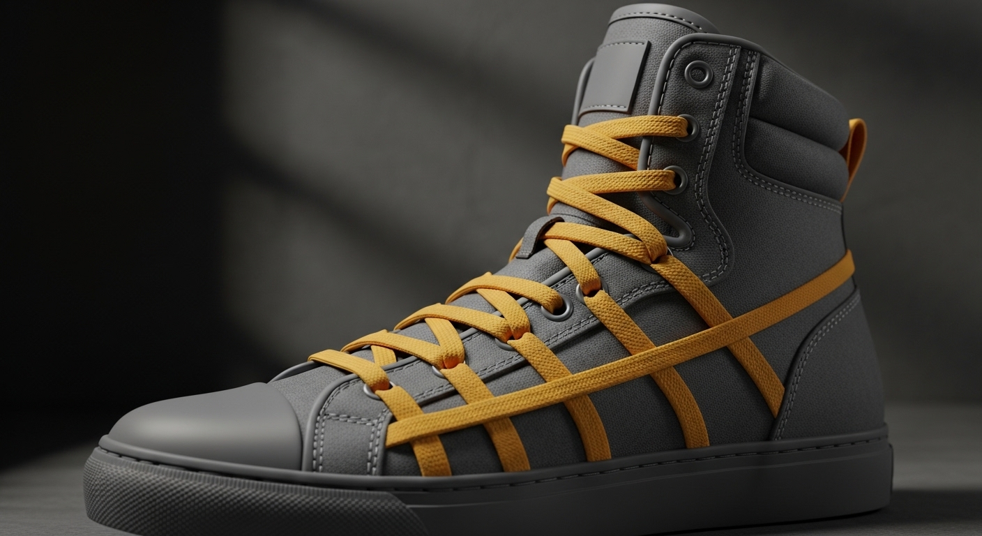 Giày thể thao đen thanh lịch với kiểu buộc dây giày thể thao thẳng tắp màu trắng trên vỉa hè bê tông.