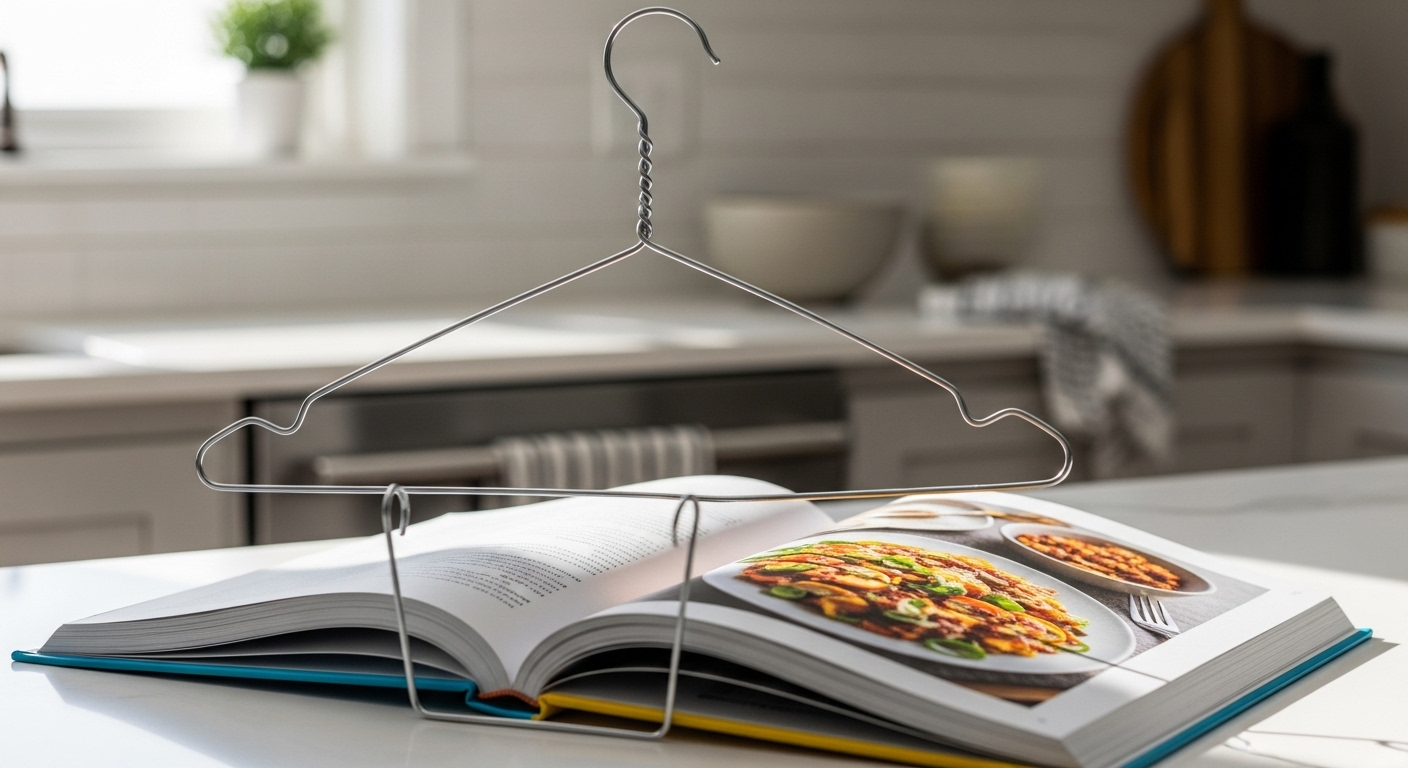 Giá đỡ sách nấu ăn đầy màu sắc làm từ móc áo kim loại uốn thủ công trên bàn bếp, minh họa cách sử dụng móc áo sáng tạo.