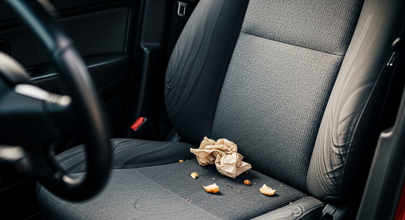 Ghế vải nội thất ô tô bám đầy vụn thức ăn và giấy ăn nhàu nát, minh họa rõ ràng cho những điều cần tránh khi mượn xe ô tô để giữ gìn vệ sinh.