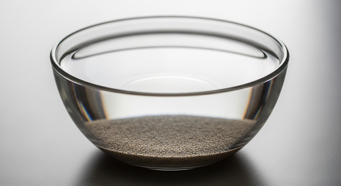 Bát thủy tinh chứa nước với cặn khoáng màu nâu nhạt ở đáy, dấu hiệu cần vệ sinh bình nóng lạnh.