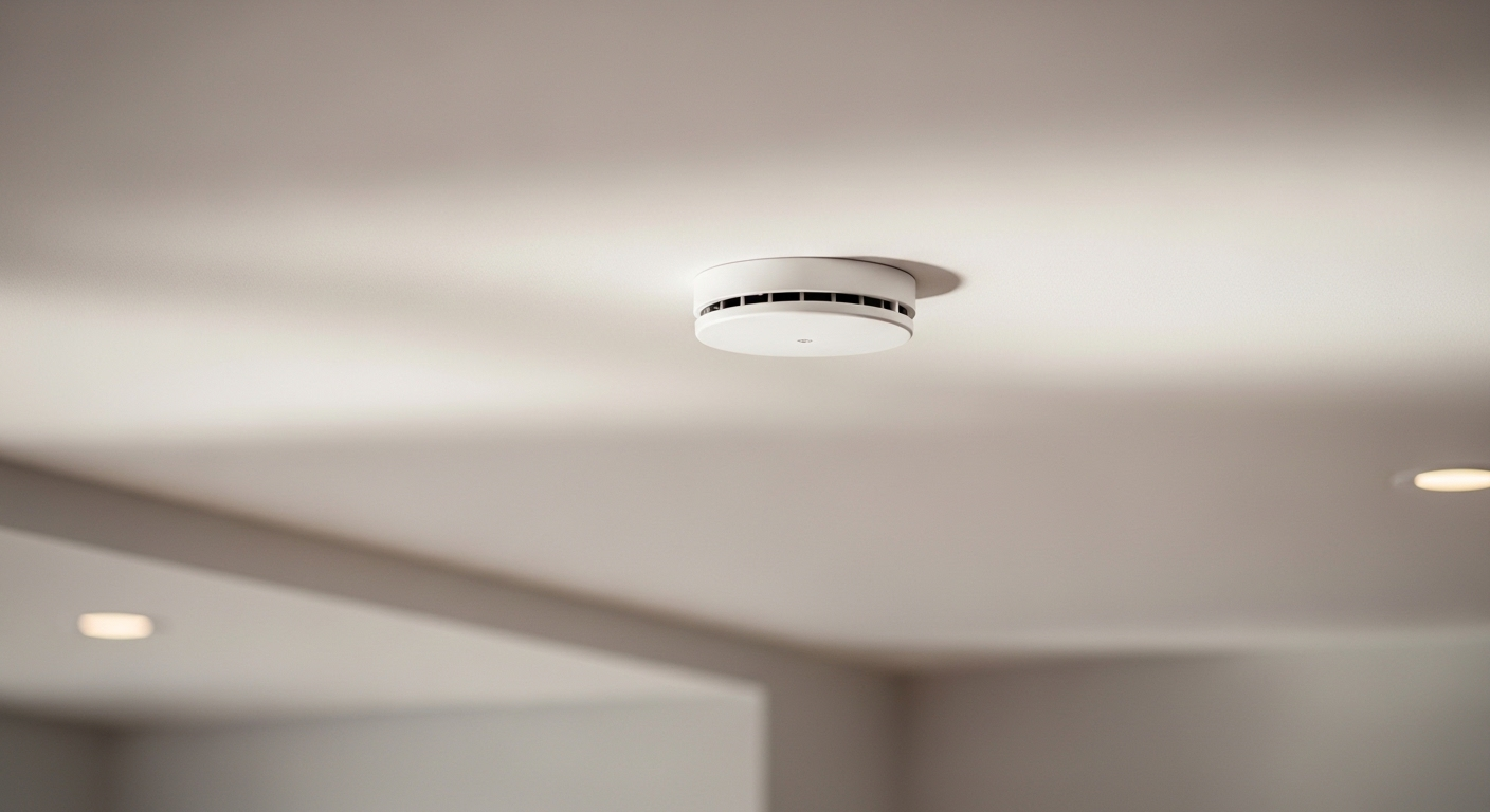 Đầu báo khói trắng sạch gắn trên trần nhà hiện đại, thiết bị thiết yếu cho mẹo an toàn trong đời sống. Đầu báo khói trắng sạch gắn trên trần nhà hiện đại, thiết bị thiết yếu cho mẹo an toàn trong đời sống.