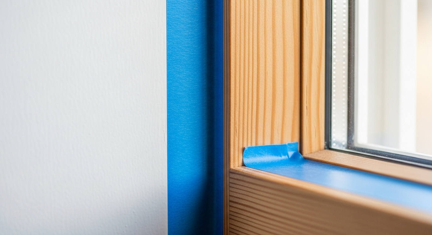 Băng dính xanh tạo đường sơn sắc nét giữa tường trắng và khung cửa gỗ chưa sơn, minh họa rõ nét công dụng của băng dính trong việc che chắn khi sơn.