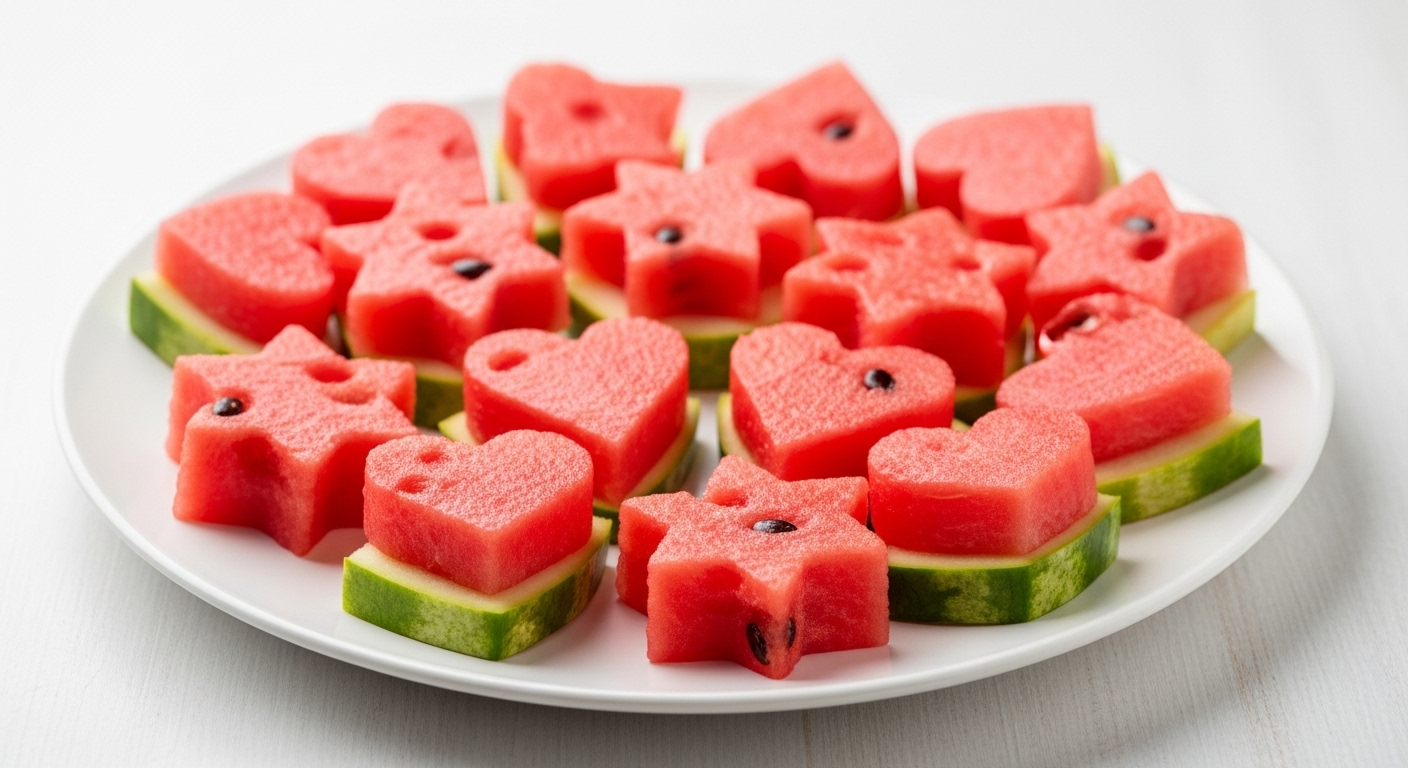 Các miếng dưa hấu đỏ tươi được cắt tỉa thành hình ngôi sao và trái tim bằng khuôn, thể hiện một cách cắt tỉa dưa hấu đẹp mắt trên đĩa trắng tinh.