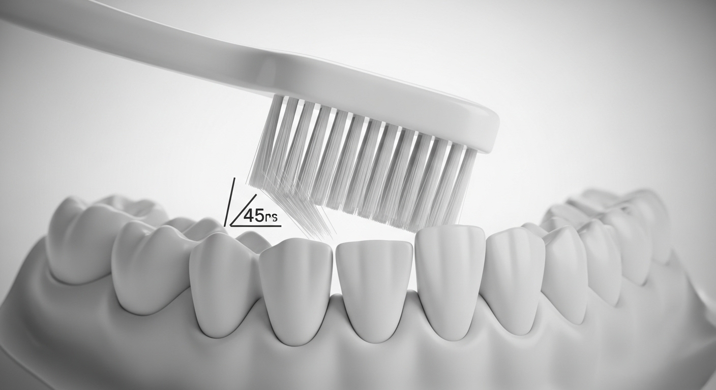 Bàn chải lông mềm trên mô hình răng minh họa kỹ thuật chải đúng cách, giúp phòng ngừa các nguyên nhân răng ngả vàng và giữ răng trắng khỏe.