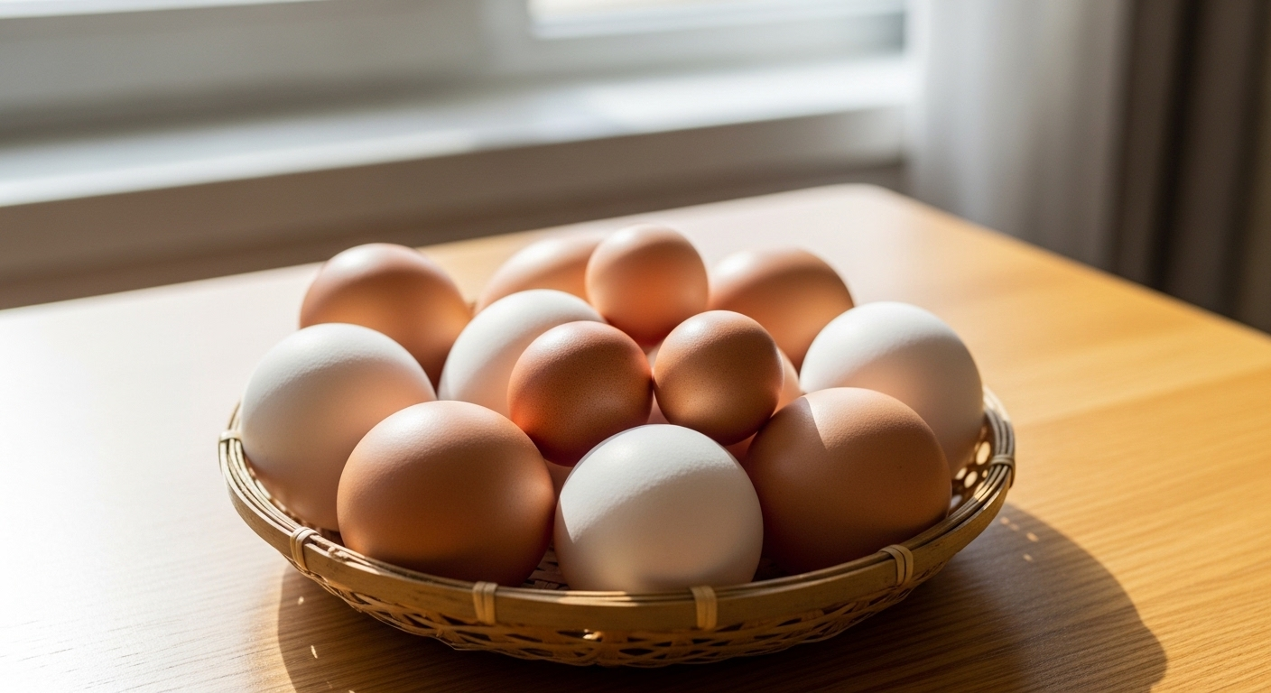 Giỏ trứng gà sống sạch, vỏ nâu và trắng đa dạng kích cỡ, xếp gọn gàng trên bàn bếp gỗ sáng. Nguyên liệu lý tưởng cho cách luộc trứng gà. Giỏ trứng gà sống sạch, vỏ nâu và trắng đa dạng kích cỡ, xếp gọn gàng trên bàn bếp gỗ sáng. Nguyên liệu lý tưởng cho cách luộc trứng gà.