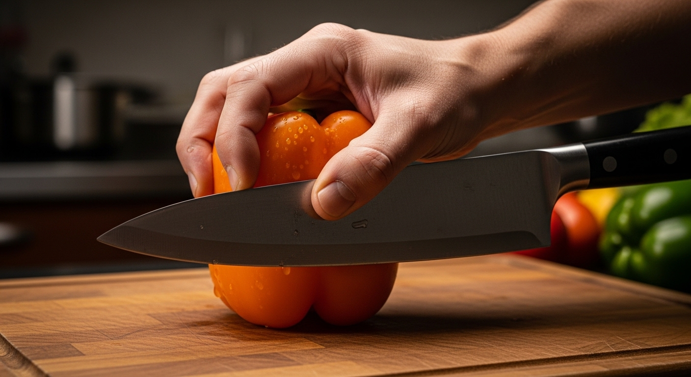 Bàn tay giữ ớt chuông cam trên thớt bằng kỹ thuật móng vuốt, dao áp vào khớp ngón tay, minh họa kỹ thuật cầm dao và cắt thái an toàn khi làm bếp.