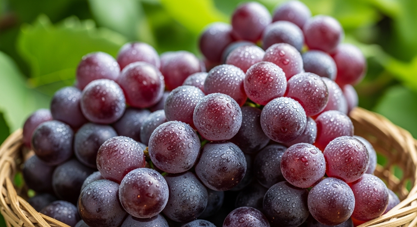 Chùm nho tím mọng nước tươi ngon trong giỏ mây, biểu tượng của sự cân bằng và lựa chọn thông minh, giúp tránh sai lầm khi uống rượu bia. Chùm nho tím mọng nước tươi ngon trong giỏ mây, biểu tượng của sự cân bằng và lựa chọn thông minh, giúp tránh sai lầm khi uống rượu bia.