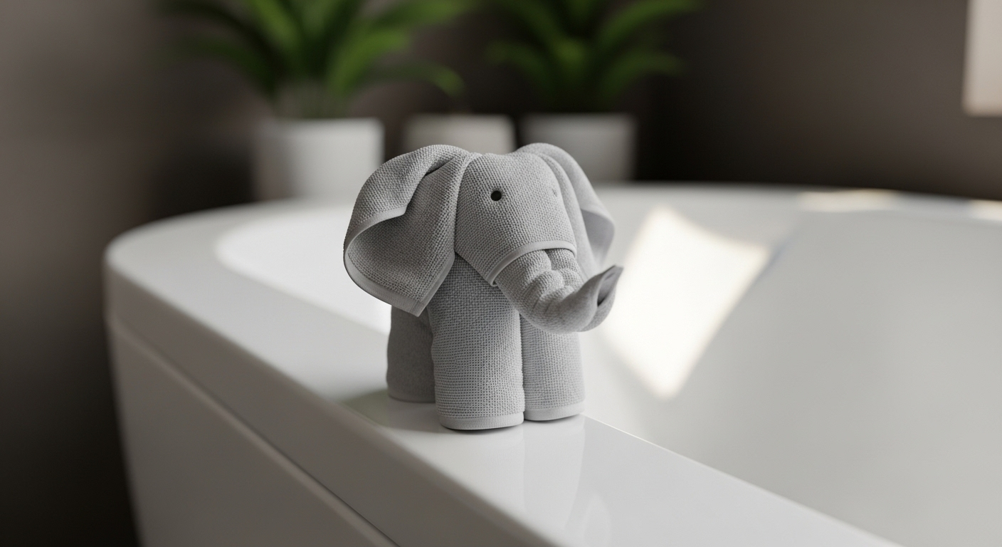 Con voi khăn bông màu xám nhạt được gấp tinh xảo, đặt trên vành bồn tắm trắng hiện đại trong không gian spa thư giãn với cây xanh. Minh họa cách gấp con voi từ khăn bông.