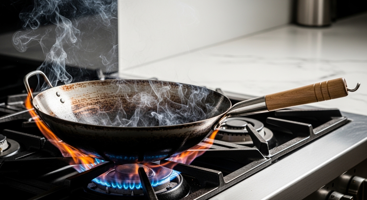 Chảo thép carbon đáy tròn sáng bóng trên bếp gas công suất lớn, ngọn lửa xanh vàng mãnh liệt bao trùm, tạo nhiệt độ hoàn hảo cho kỹ thuật xóc chảo chuyên nghiệp.