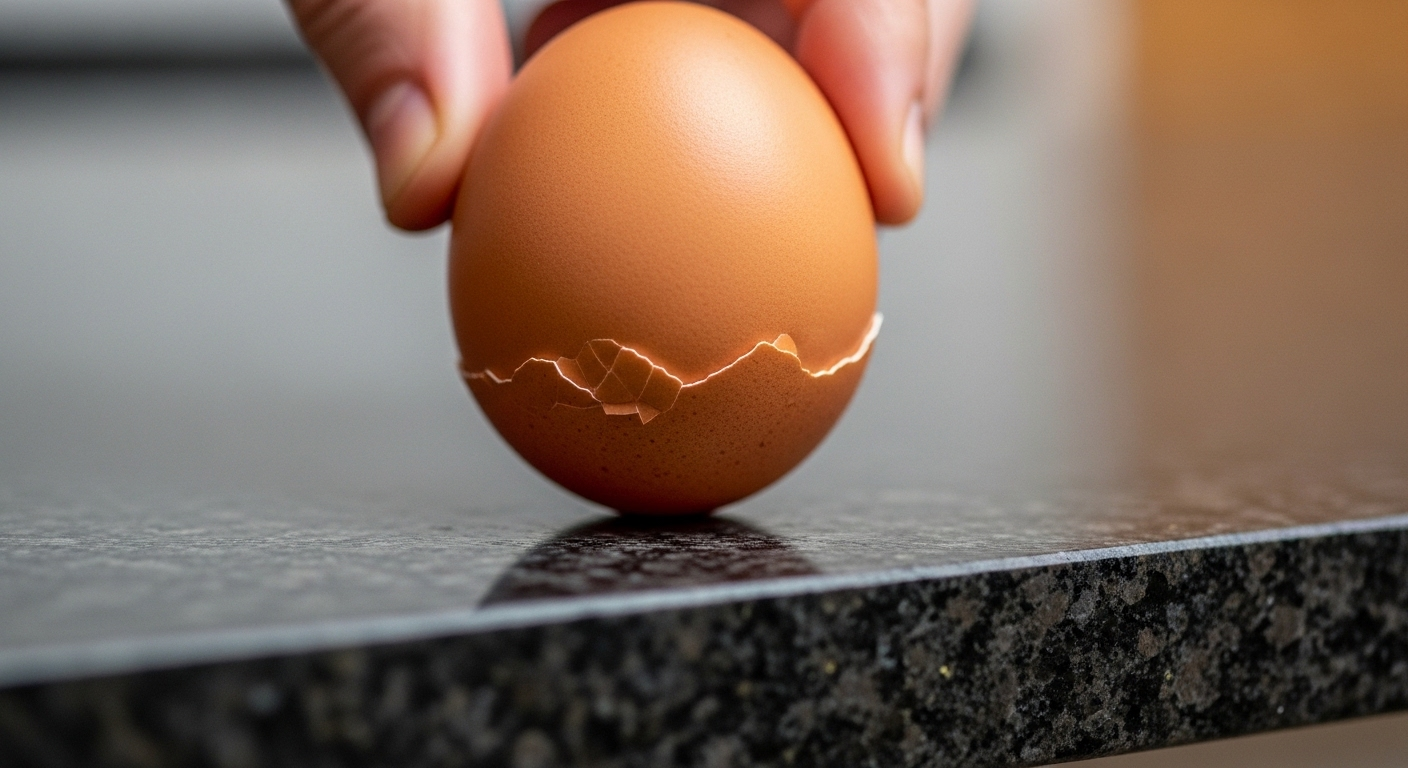Trứng đang nứt trên cạnh bàn đá granite với vết nứt rõ nét.
