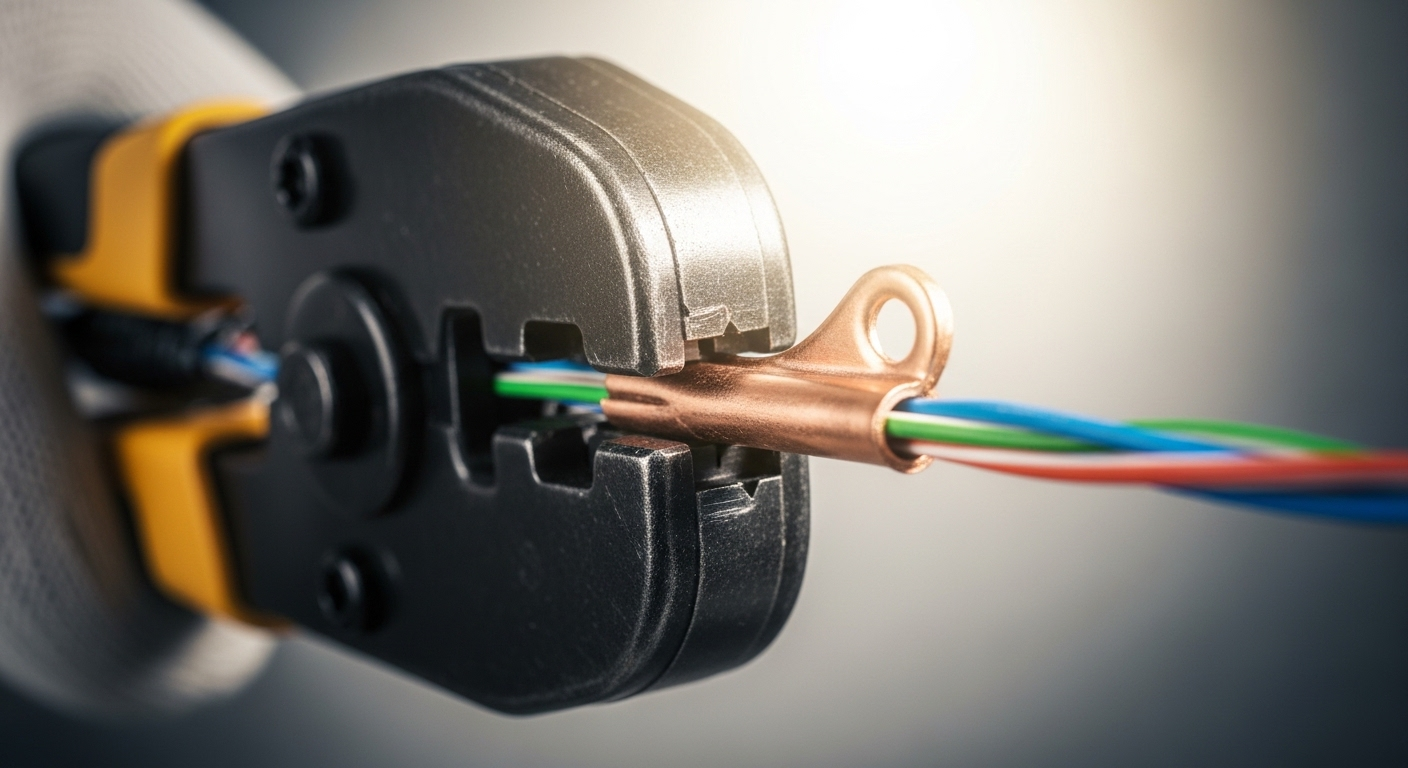 Kìm bấm cos chuyên nghiệp đang ép chặt đầu cos đồng vào dây điện nhiều lõi, tạo mối nối cực kỳ chắc chắn. Hình ảnh minh họa cách nối dây điện an toàn và bền vững. Kìm bấm cos chuyên nghiệp đang ép chặt đầu cos đồng vào dây điện nhiều lõi, tạo mối nối cực kỳ chắc chắn. Hình ảnh minh họa cách nối dây điện an toàn và bền vững.