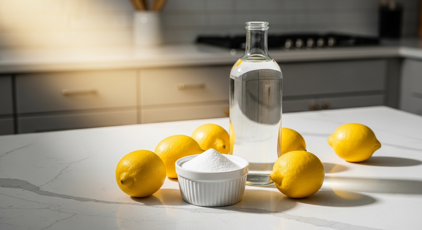 Giấm trắng, baking soda và chanh tươi trên quầy bếp sáng, mang đến những mẹo vặt hữu ích cho việc làm sạch tự nhiên hiệu quả.