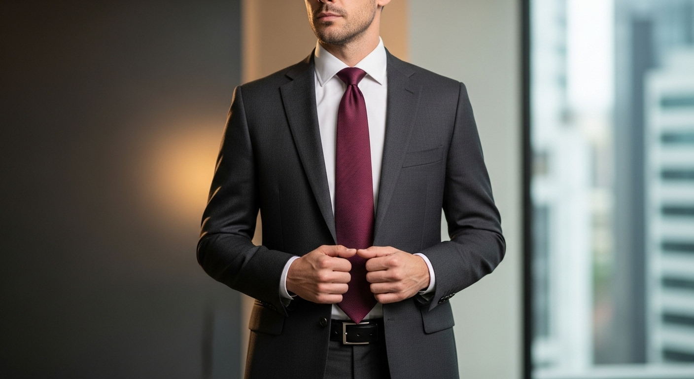 Người đàn ông mặc vest đen sang trọng, cà vạt lụa thắt chuẩn mực với mũi chạm thắt lưng – minh họa Quy tắc ăn mặc cần biết.