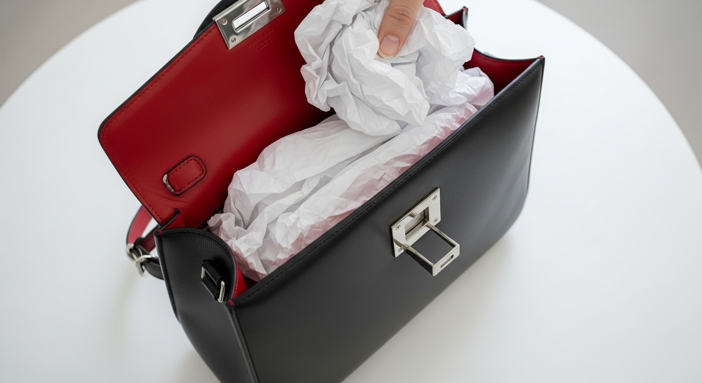 Hình ảnh từ trên xuống một chiếc túi xách hàng hiệu đang được nhẹ nhàng nhồi giấy lụa trắng bên trong để giữ form dáng. Đây là một cách bảo quản túi hàng hiệu hiệu quả giúp sản phẩm luôn bền đẹp và tránh bị biến dạng.