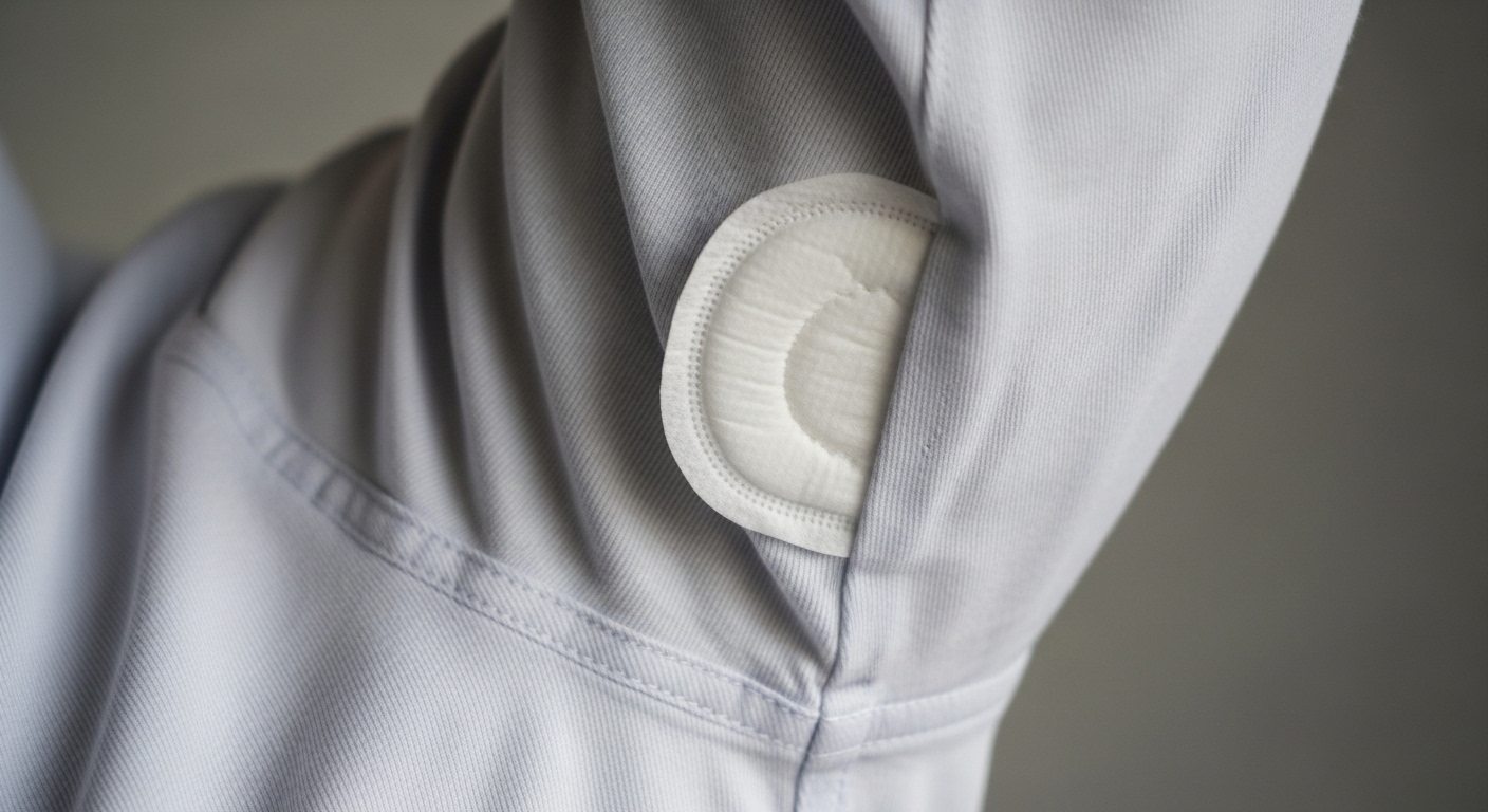 Vùng nách áo sơ mi sáng màu với miếng băng vệ sinh trắng được cắt dán, minh họa công dụng của băng vệ sinh trong việc thấm hút mồ hôi hiệu quả.