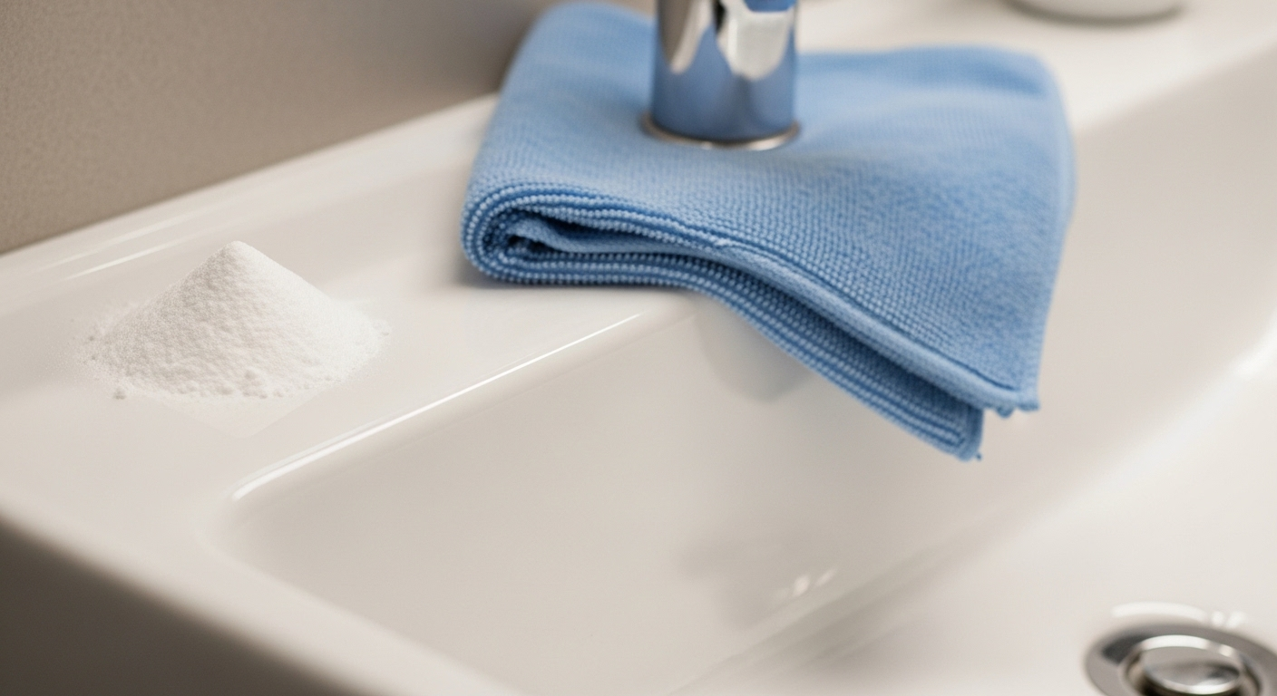 Bột baking soda và khăn microfiber xanh trên bồn rửa mặt ceramic trắng tinh tươm.