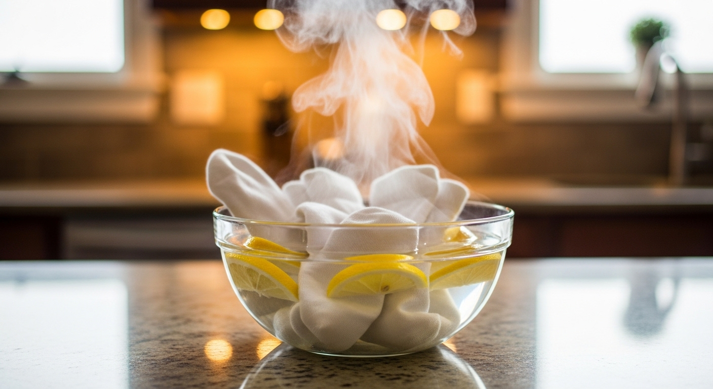 Tất trắng ngâm nước ấm với chanh tươi trong bát thủy tinh, mẹo nhỏ để giặt tất hết mùi hôi hiệu quả.