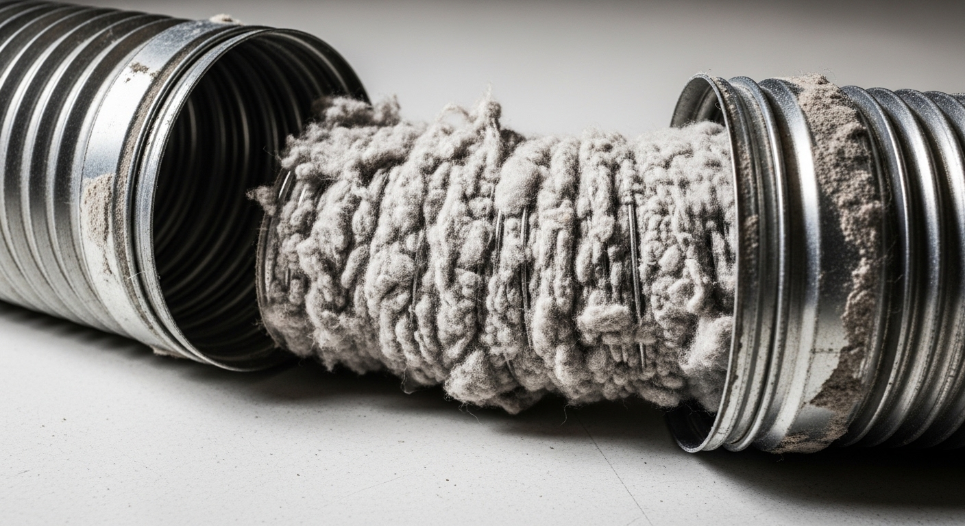 Hình ảnh ống thoát khí máy sấy quần áo bị tắc nghẽn nghiêm trọng với lớp xơ vải dày đặc bên trong, minh họa tầm quan trọng của Cách vệ sinh máy sấy quần áo định kỳ.