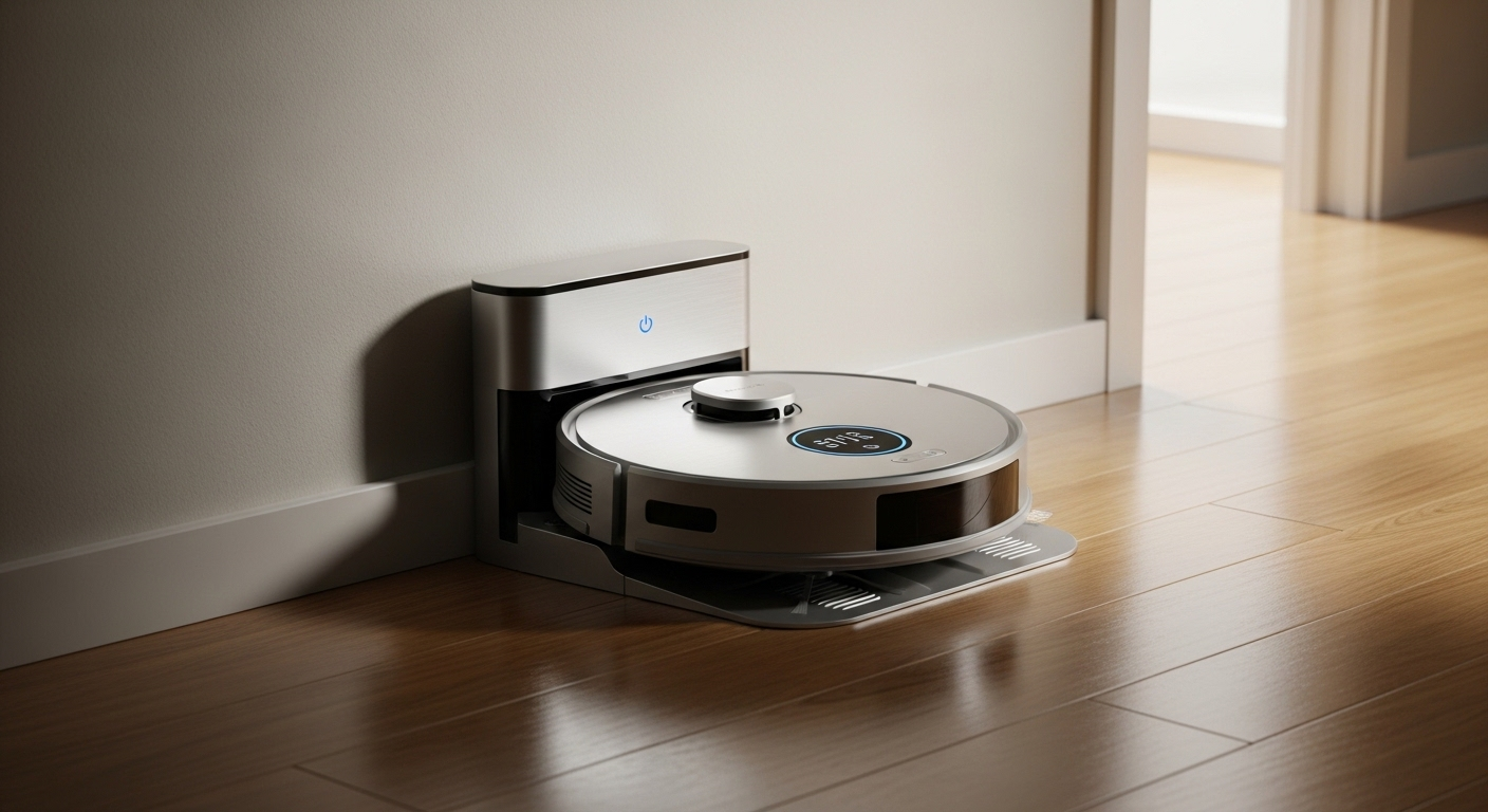 Hình ảnh robot hút bụi hiện đại đang sạc tại trạm gọn gàng ở góc hành lang sạch sẽ, minh họa một phần quan trọng của cách sử dụng robot hút bụi để giữ nhà luôn tinh tươm. Hình ảnh robot hút bụi hiện đại đang sạc tại trạm gọn gàng ở góc hành lang sạch sẽ, minh họa một phần quan trọng của cách sử dụng robot hút bụi để giữ nhà luôn tinh tươm.