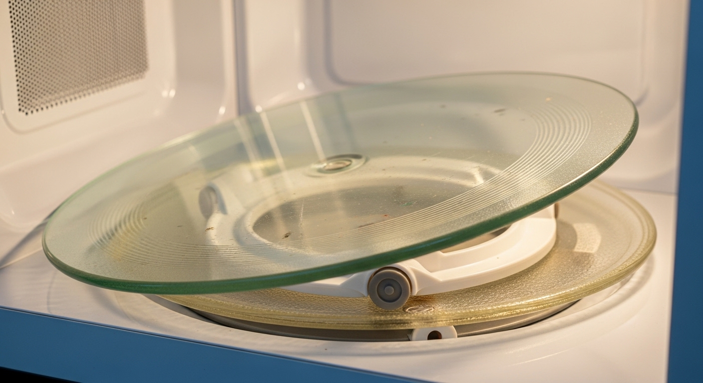 Cận cảnh mâm xoay bằng kính trong lò vi sóng bị lệch trên vòng đỡ, một dấu hiệu bạn cần cân nhắc Khi nào nên thay lò vi sóng.