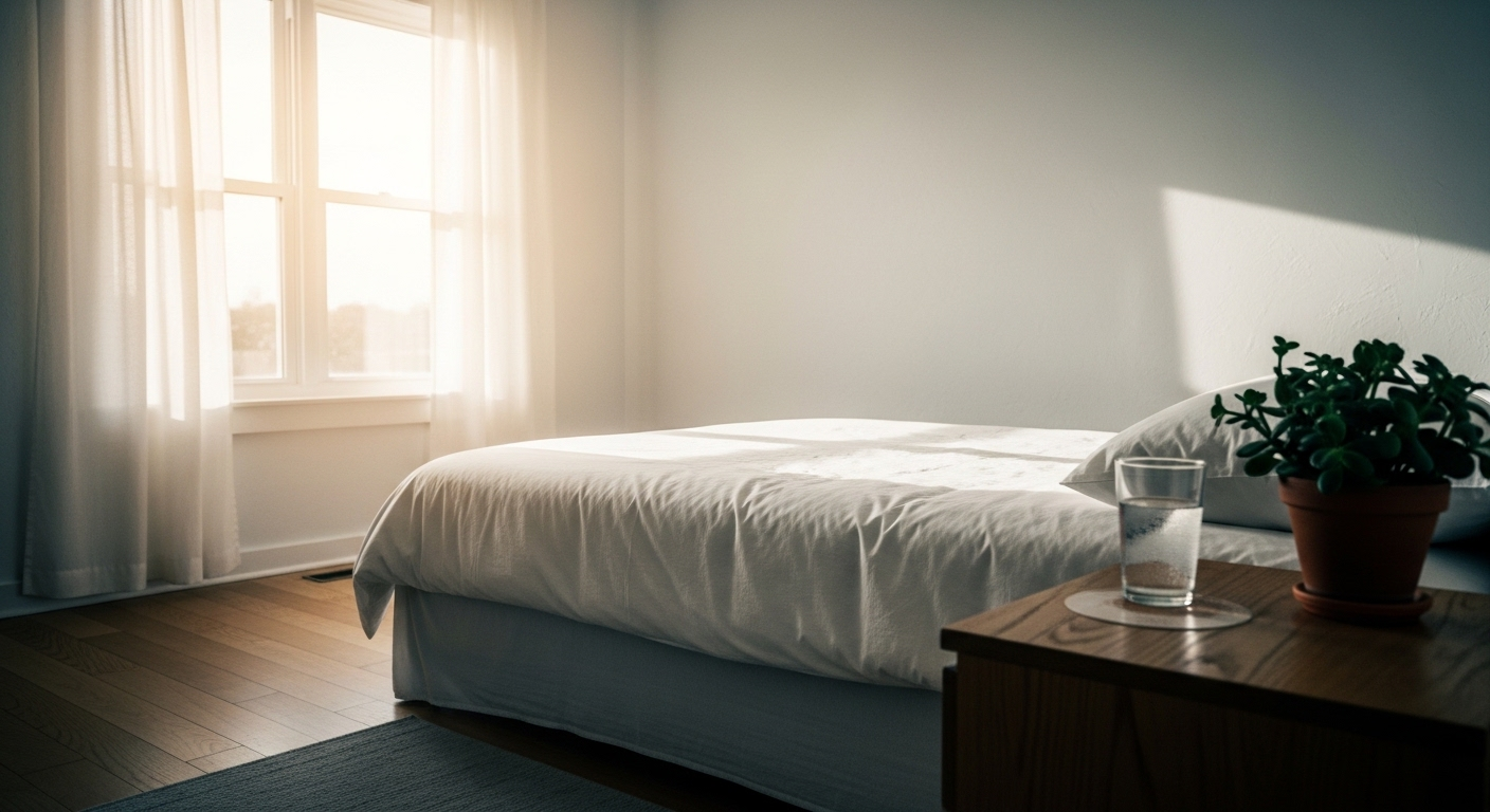 Phòng ngủ gọn gàng, yên bình đón ánh sáng ban mai, với giường sạch, ly nước và cây xanh. Môi trường thư thái này minh họa cách cải thiện sức khỏe qua không gian sống. Phòng ngủ gọn gàng, yên bình đón ánh sáng ban mai, với giường sạch, ly nước và cây xanh. Môi trường thư thái này minh họa cách cải thiện sức khỏe qua không gian sống.