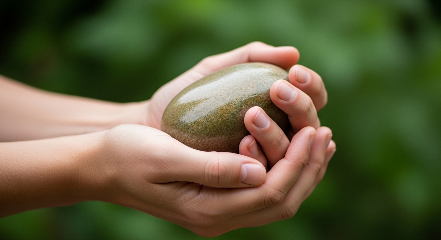 Bàn tay nhẹ nhàng nâng niu viên đá sông trơn nhẵn trước nền cây xanh mờ ảo, gợi cảm giác tĩnh tại và chăm sóc sức khỏe tinh thần.