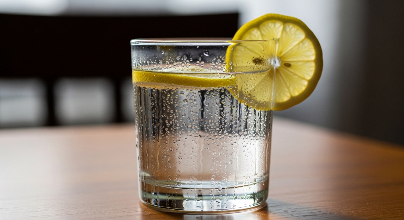 Ly nước trong veo với lát chanh và hơi nước ngưng tụ, gợi nhắc tầm quan trọng của Cách tự chăm sóc giữ gìn sức khỏe mỗi ngày.