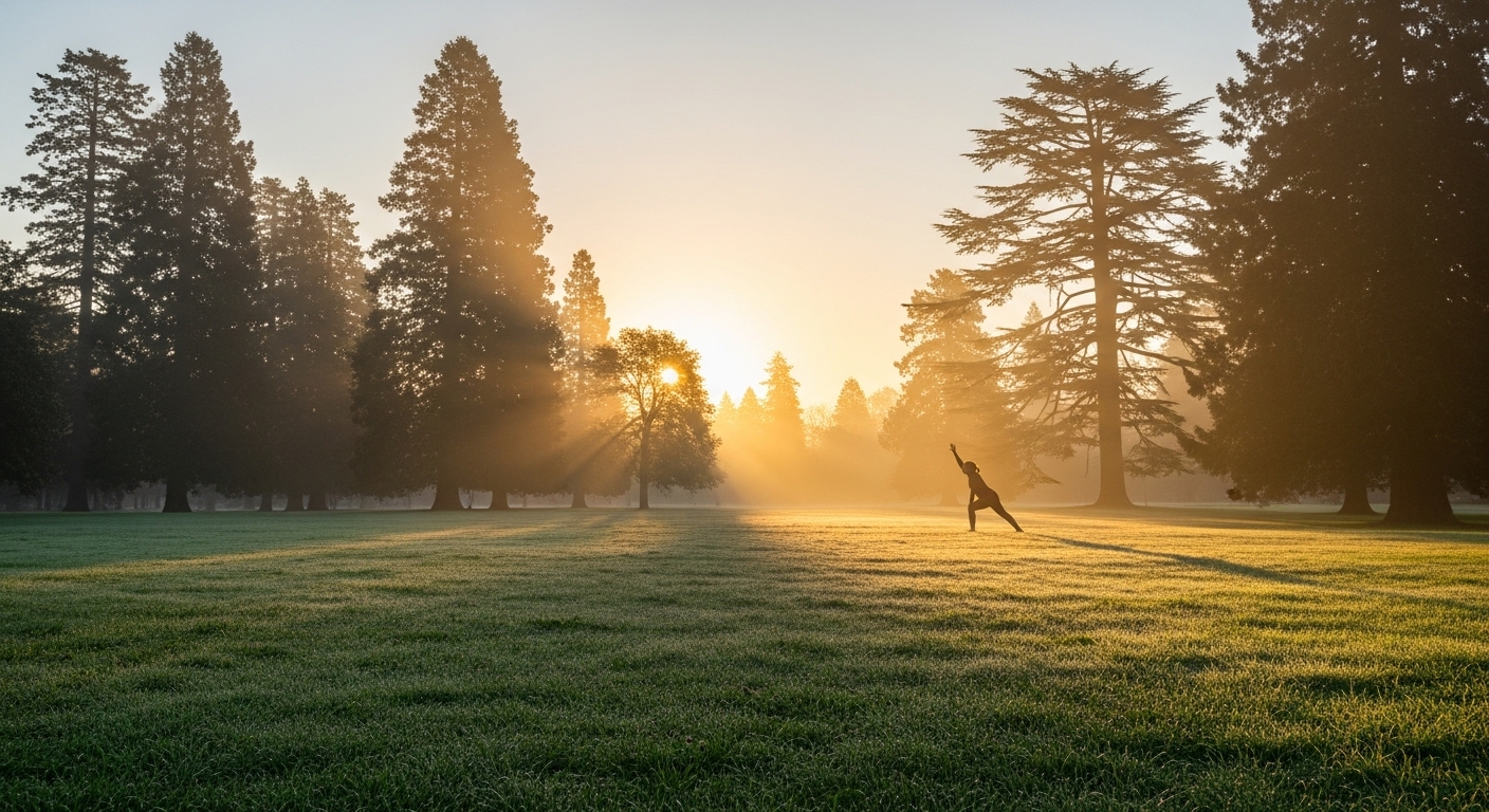 Cảnh công viên thanh bình lúc bình minh với ánh nắng vàng, một người đang giãn cơ nhẹ nhàng hướng về mặt trời mọc giúp cải thiện sức khỏe và tinh thần.