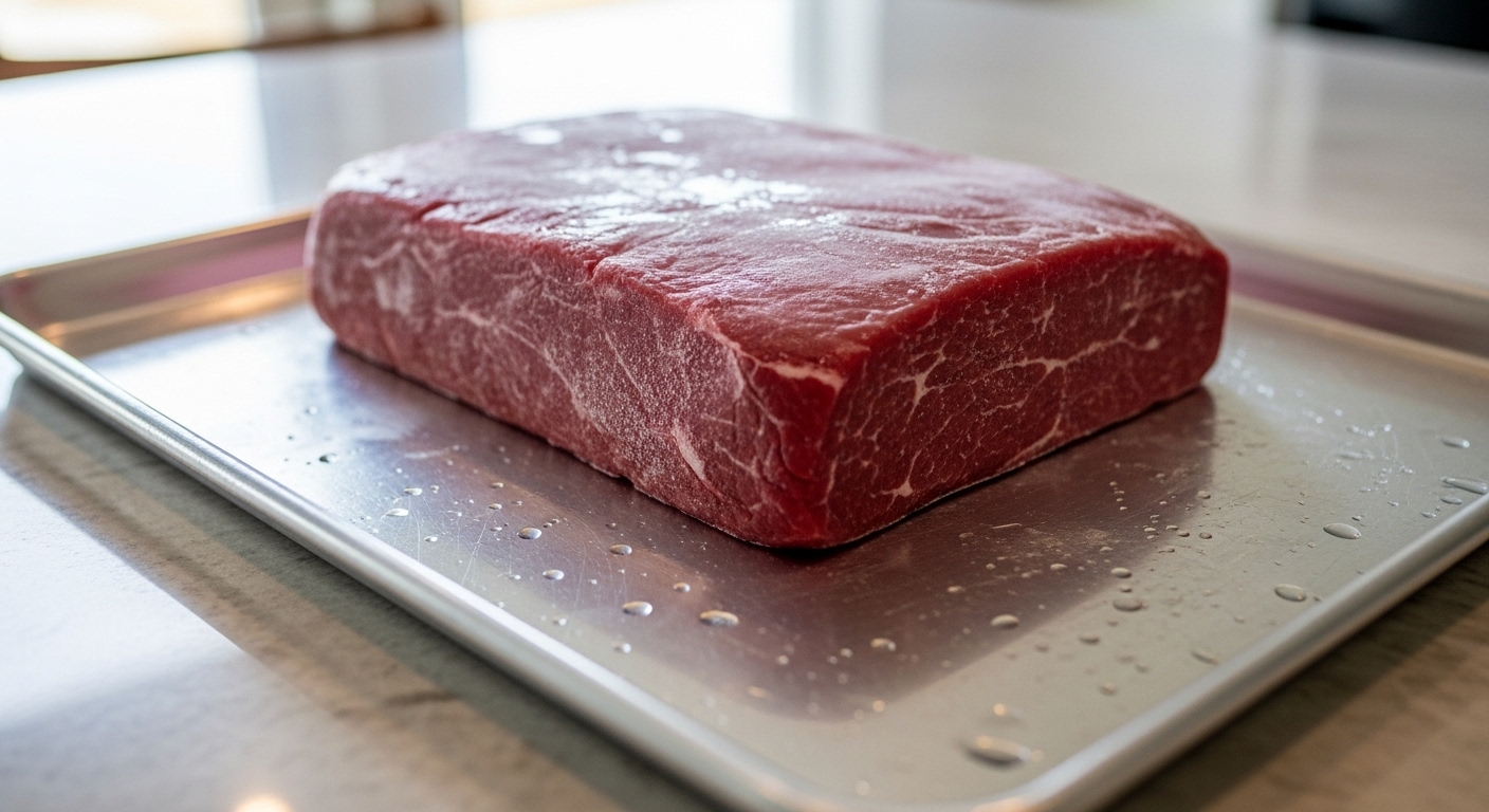 Khối thịt đỏ đông lạnh dày dặn, hình chữ nhật, với hơi nước mờ trên bề mặt, đặt trên khay nướng nhôm sáng bóng trên bàn bếp. Hữu ích cho các mẹo vặt nhà bếp.