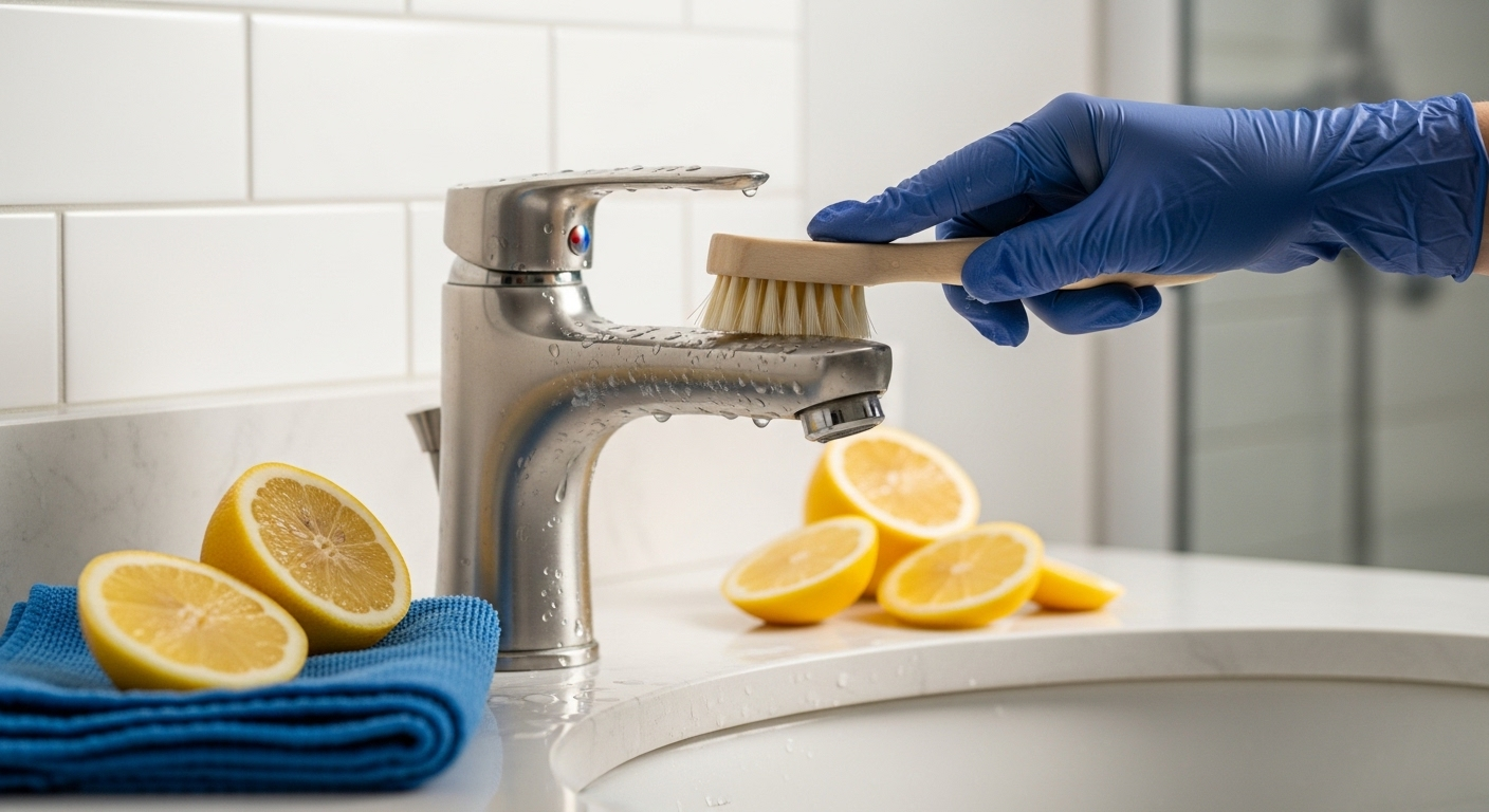 Bàn tay đeo găng dùng bàn chải cọ sạch cặn canxi trên vòi nước inox, cùng lát chanh tươi. Hình ảnh minh họa cách tẩy cặn canxi trên vòi nước hiệu quả.