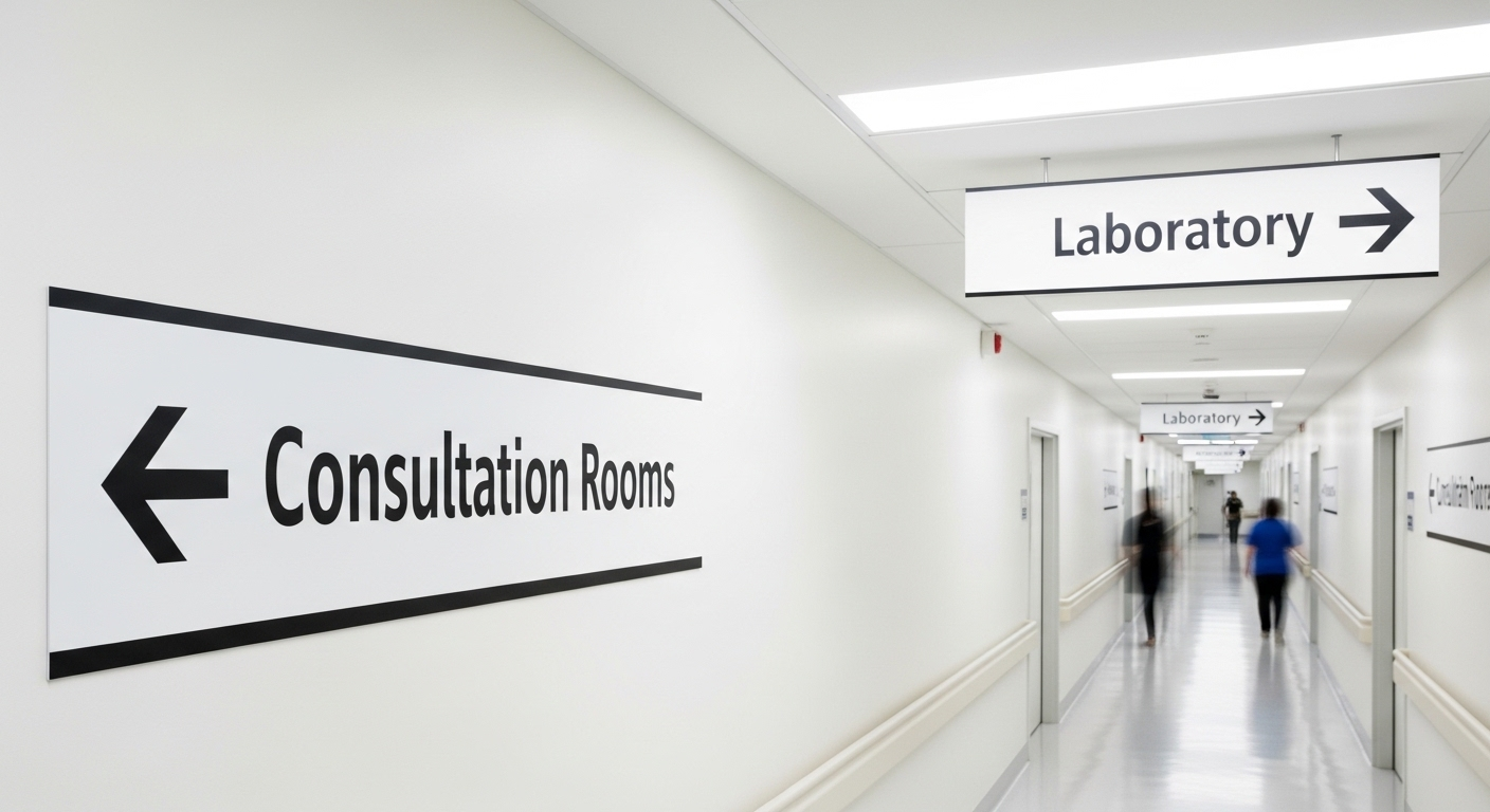 Hành lang bệnh viện sạch đẹp, sáng sủa với biển chỉ dẫn rõ ràng giúp bệnh nhân dễ dàng định hướng khi khám nhanh tại Bệnh viện Bạch Mai.