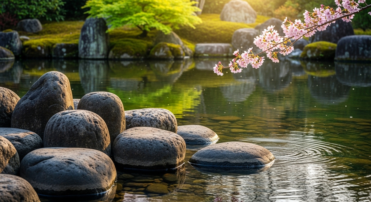 Vườn Nhật Bản thanh bình với đá sắp đặt tinh xảo, mặt nước phản chiếu cây xanh và cành hoa anh đào hồng dịu. Ánh hoàng hôn ấm áp tạo không gian tĩnh lặng, gợi ý về bí quyết sống lâu trăm tuổi từ sự hòa hợp thiên nhiên.