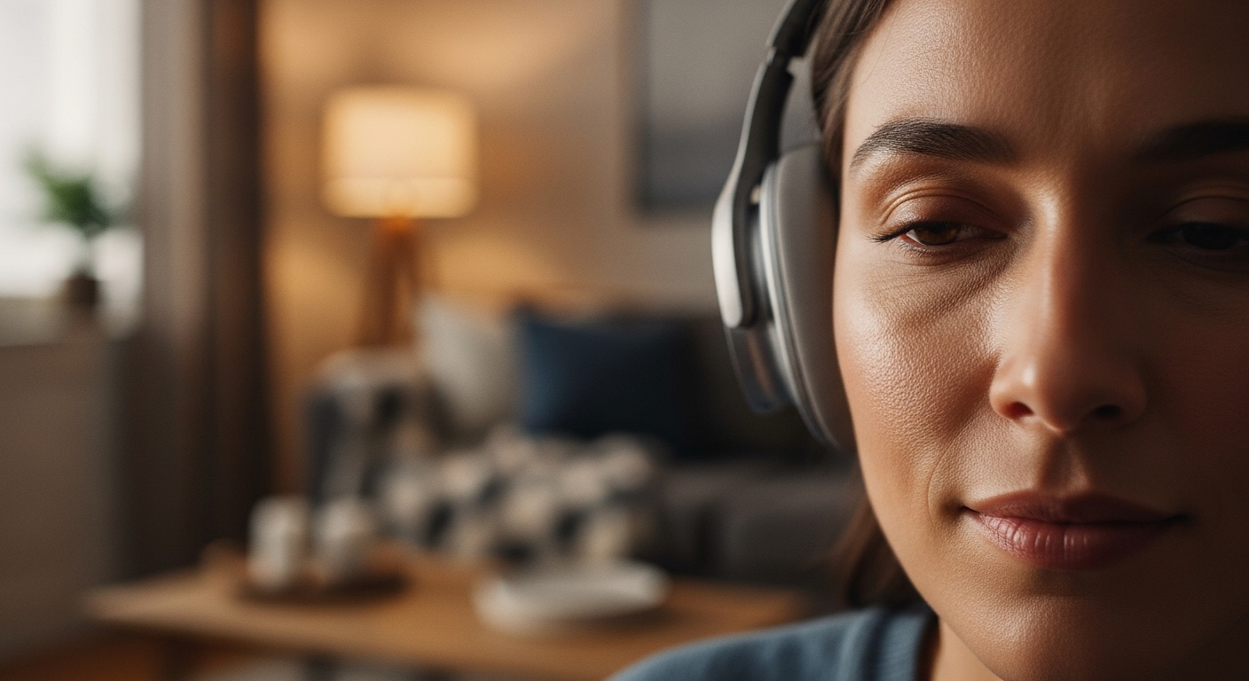 Cận cảnh người đeo tai nghe, gương mặt bình tĩnh trong phòng khách ấm cúng, minh họa mẹo tăng cường sức khỏe qua sự thư giãn.