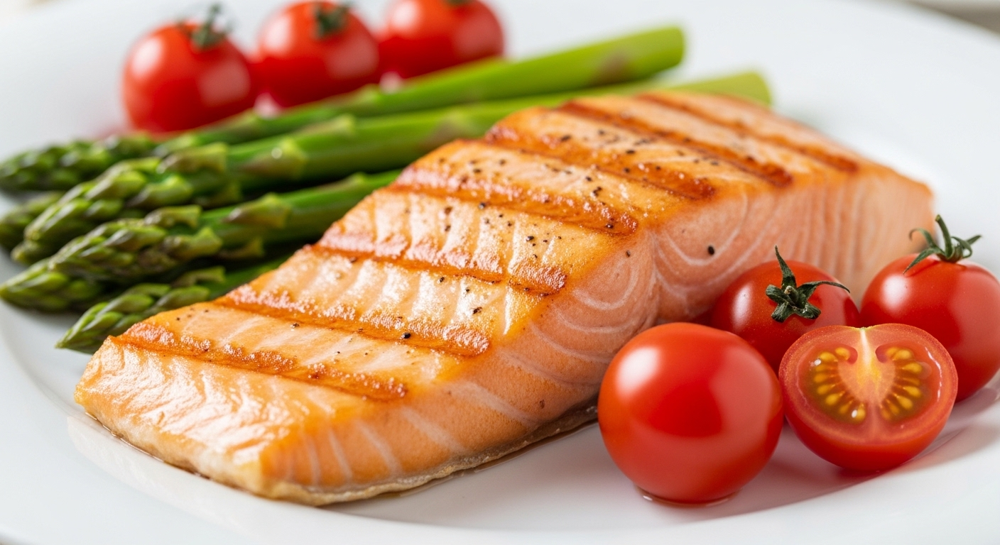 Philê cá hồi nướng vàng giòn, thớ cá mềm ngon miệng, kèm măng tây và cà chua bi. Một bữa ăn dinh dưỡng lành mạnh giúp bạn sống khỏe.