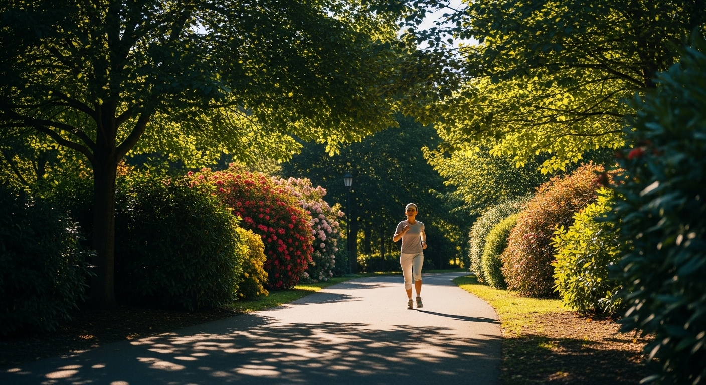 Một người đi bộ nhanh trên đường lát trong công viên xanh tươi dưới ánh nắng – một thói quen của người khỏe mạnh.