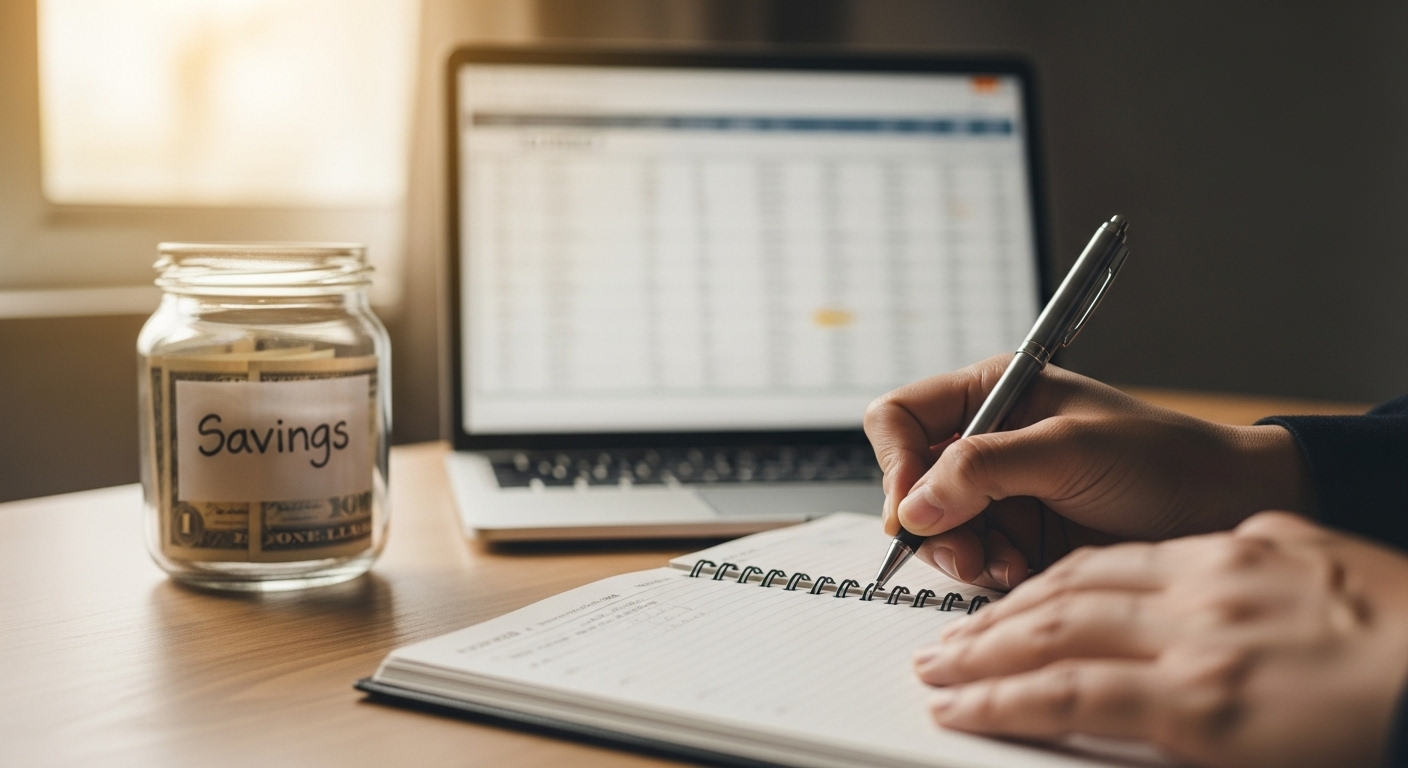 Close-up tay đang ghi chép vào sổ kế hoạch tài chính, bên cạnh là hũ tiền tiết kiệm và laptop hiển thị bảng ngân sách. Hình ảnh minh họa cách tiết kiệm tiền hiệu quả qua việc quản lý tài chính cá nhân.