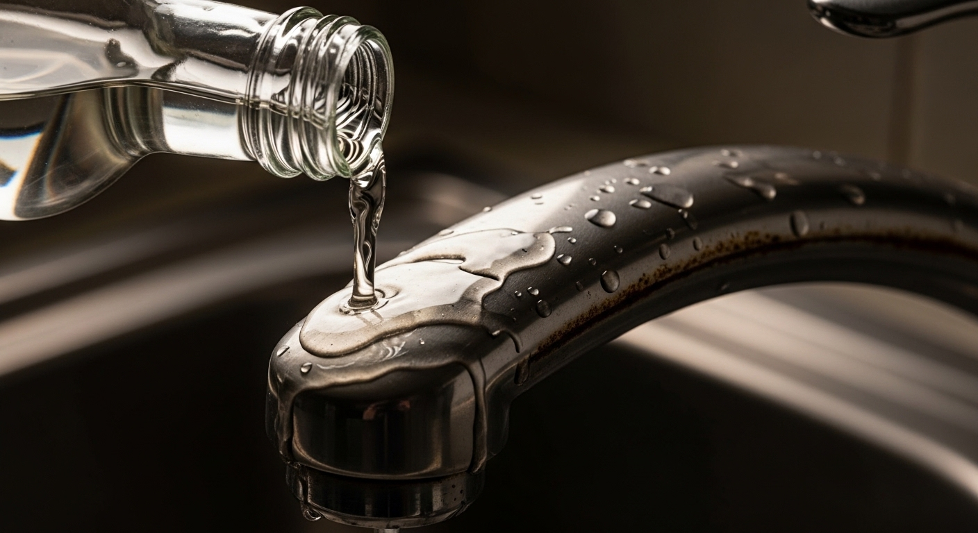 Đổ giấm trắng lên vòi inox bếp bị rỉ nhẹ, minh họa cách tẩy rỉ sét trên inox.