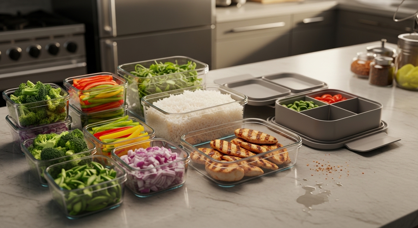 Bàn bếp ngăn nắp với các hộp đựng nguyên liệu đã sơ chế (rau củ, cơm, gà) và hộp cơm mở sẵn. Minh họa mẹo tiết kiệm tiền hiệu quả cho việc chuẩn bị bữa ăn trước tại nhà.