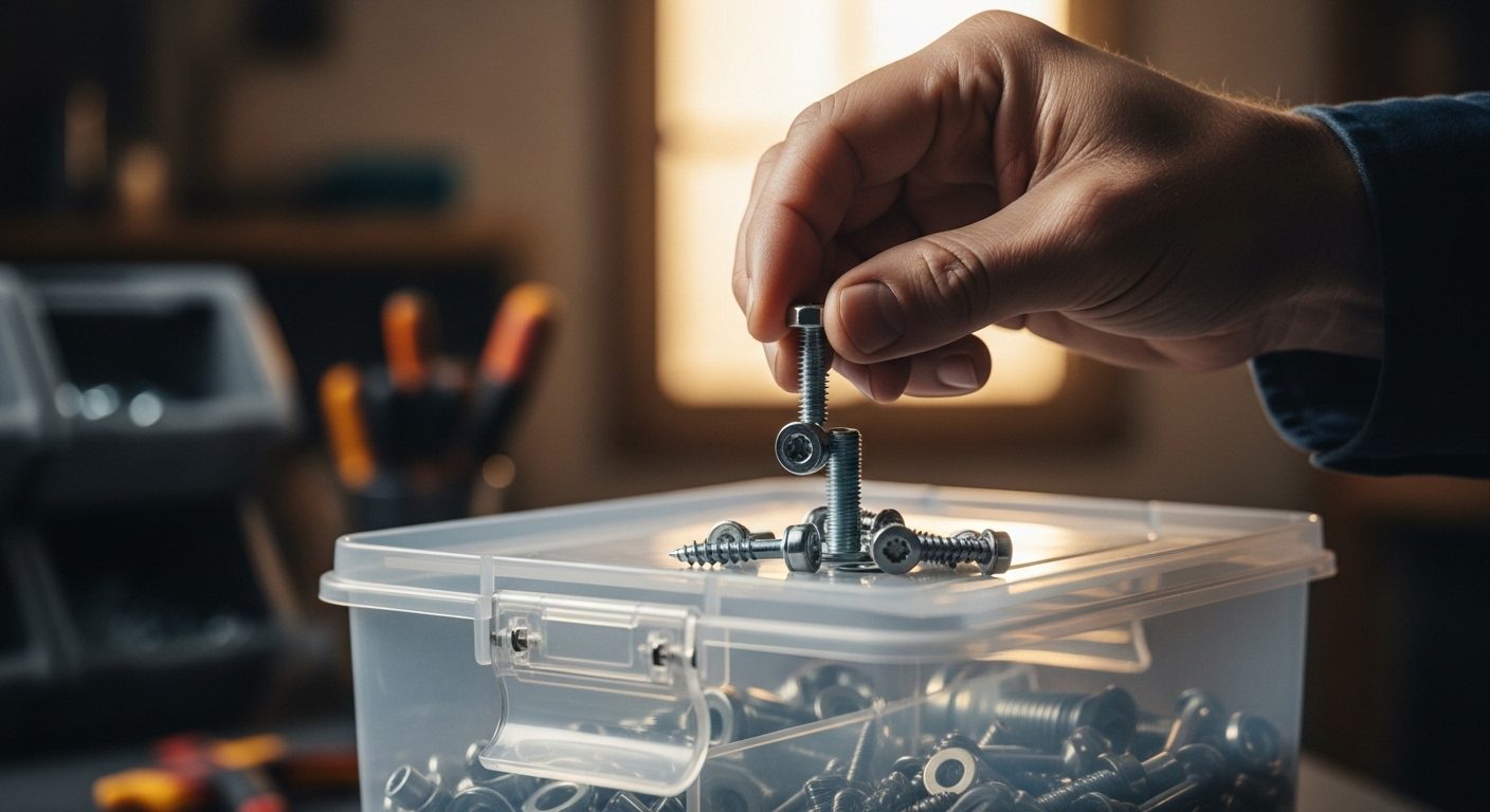 Tay người lớn cẩn thận cất giữ các vật kim loại nhỏ vào hộp nhựa có khóa an toàn, nhằm ngăn ngừa nguy hiểm trẻ nuốt nam châm và các vật dụng nhỏ khác.