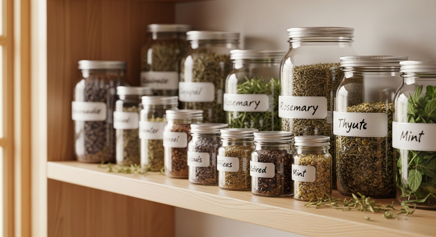 Các loại thảo mộc tự nhiên khô được bảo quản cẩn thận trong lọ thủy tinh trên kệ gỗ, minh họa y học gia truyền. Cần tìm hiểu kỹ để tránh tác hại thuốc xương khớp gia truyền không mong muốn.