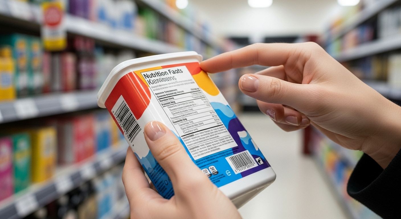 Tay khách hàng cẩn thận kiểm tra nhãn sản phẩm trong siêu thị, tìm kiếm thông tin hoặc cảnh báo về thu hồi nước rửa tay.