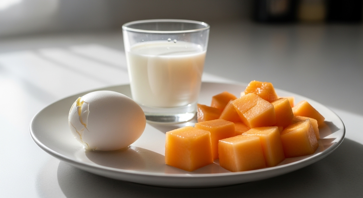 Dĩa bữa sáng lành mạnh với trứng luộc, sữa nguyên kem và dưa lưới tươi cắt hạt lựu, mang đến thực phẩm giàu vitamin A thiết yếu.