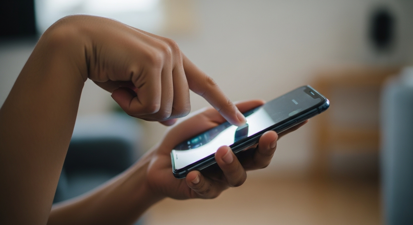 Cận cảnh bàn tay giữ điện thoại thông minh với cổ tay gập sâu, tư thế tiềm ẩn nguy cơ hội chứng ống cổ tay.