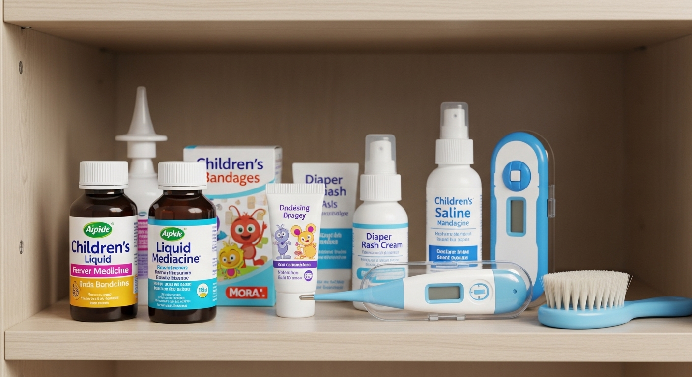 Lọ thuốc hạ sốt trẻ em dán nhãn rõ ràng trên kệ tủ y tế được sắp xếp cẩn thận, đặc biệt quan trọng khi có thông tin Mỹ thu hồi thuốc hạ sốt trẻ em.