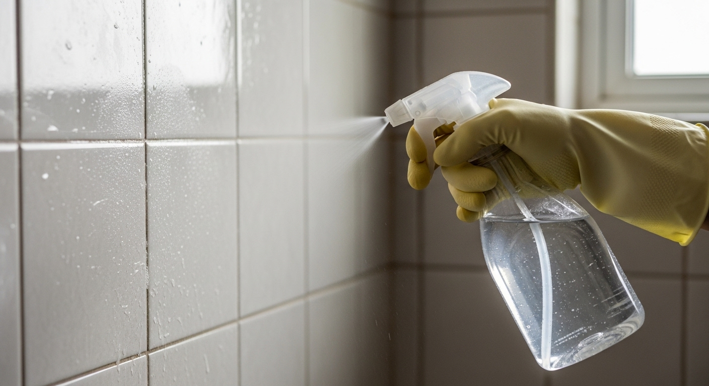 Tay đeo găng xịt dung dịch tẩy rửa lên tường phòng tắm ốp gạch bám cặn xà phòng, thực hiện vệ sinh bồn tắm và vòi hoa sen sạch sẽ.