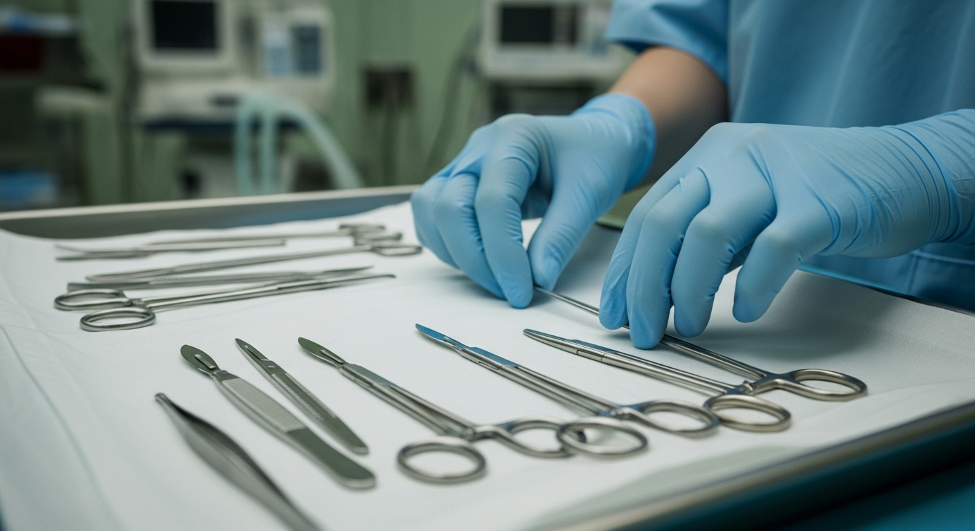 Bàn tay y tá đeo găng đang tỉ mỉ chuẩn bị dụng cụ y tế vô trùng trên khay sạch, sẵn sàng cho ca ghép thận.